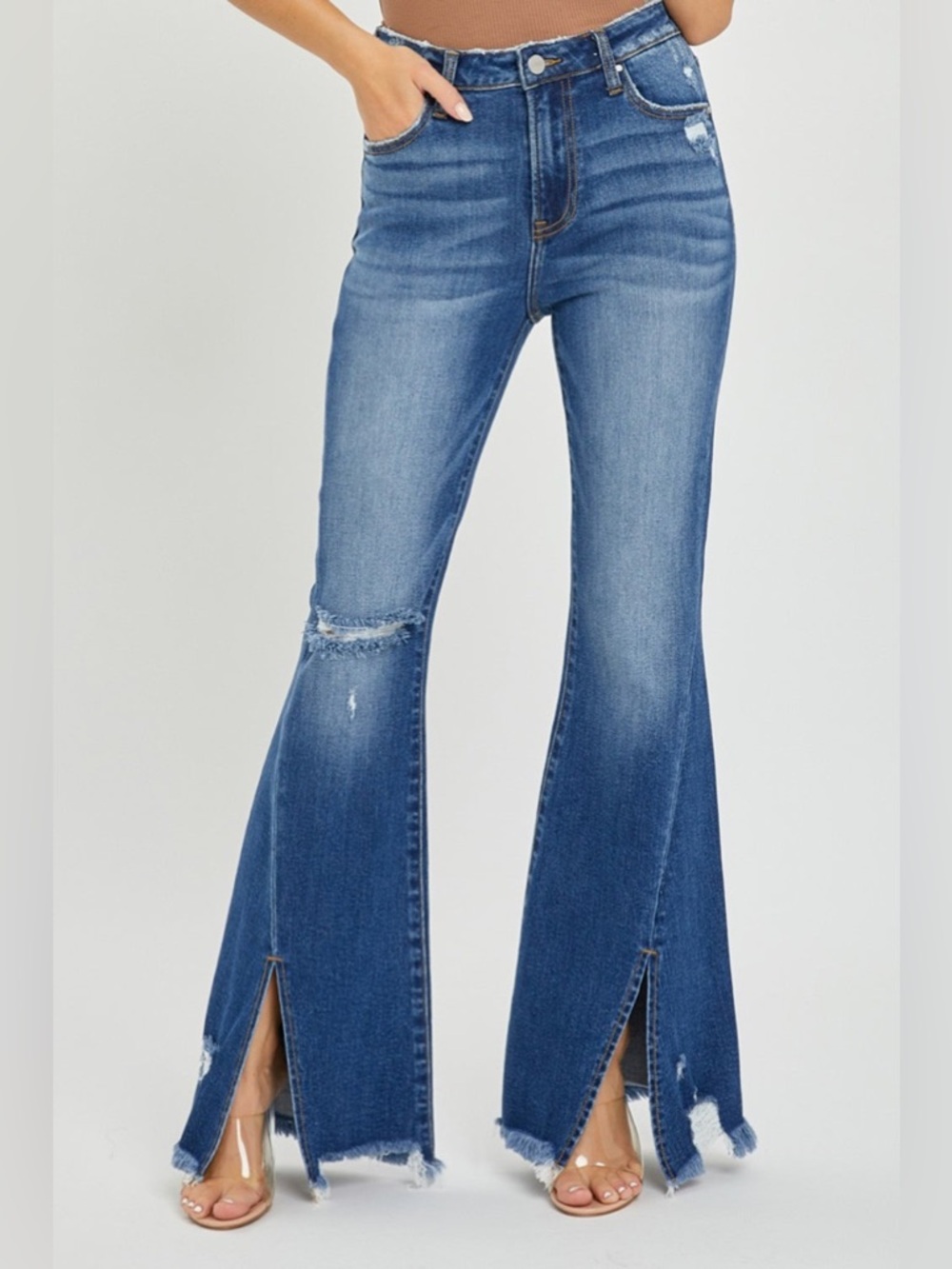 NWT💙Risen High Rise Flare Front Slit Fray Hem Jeans 1/25